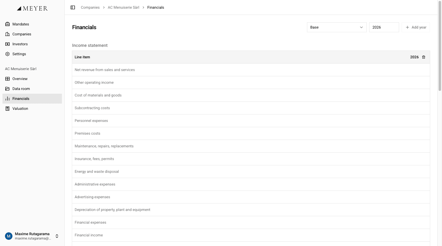 The Meyer Transaction OS: a company's financials grid